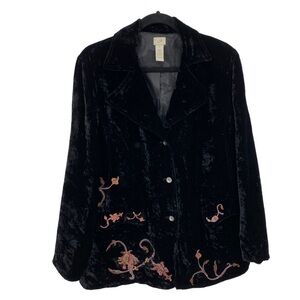 J. Jill Black Crushed Velvet Embroidered Blazer Women's Size M